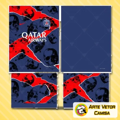 Camisa do Paris Saint Germain com logo no peito destacado e estampa grande nas costas, em design moderno e vibrante, perfeita para fãs do time que buscam estilo autêntico e marcante.