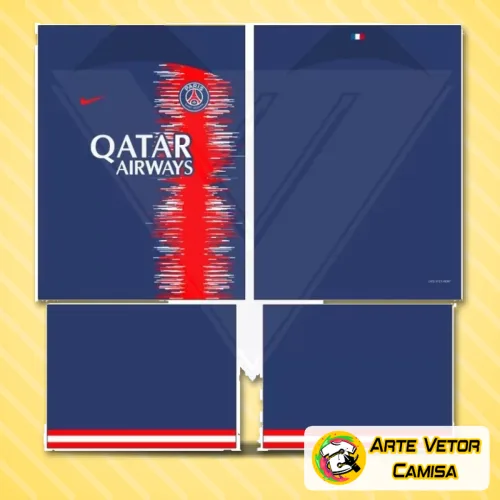 Camisa esportiva com logo no peito em destaque e estampa grande nas costas apresentando as cores e símbolos do Paris Saint Germain PSG.
