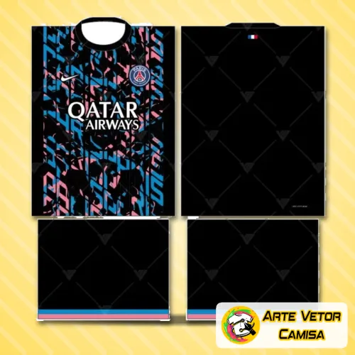 Camisa com logo no peito em destaque e estampa grande nas costas, mostrando design moderno e vibrante que destaca o espírito do Paris Saint Germain PSG em cada detalhe.