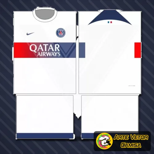 Camisa final com logo no peito e estampa grande nas costas exibindo o design do Paris Saint Germain, cores vibrantes e detalhes que realçam o estilo do time.