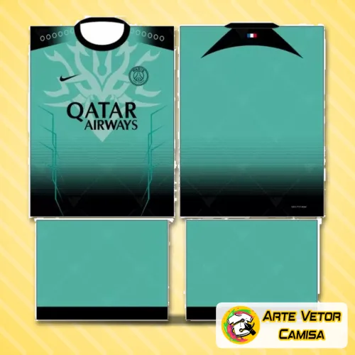Imagem da camisa Paris Saint Germain com logo no peito e estampa grande nas costas, exibindo detalhes elegantes e design moderno destacando as cores tradicionais do clube.