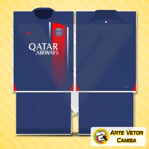 Camisa com logo no peito e estampa grande nas costas, destacando as cores e símbolos do Paris Saint Germain PSG em design moderno e vibrante.
