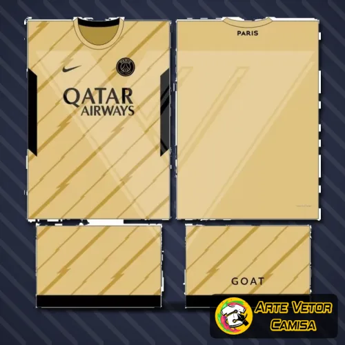 Camisa do Paris Saint Germain PSG com logo no peito e estampa grande nas costas em estilo moderno e elegante, predominando as cores tradicionais do time em design arrojado e detalhado.