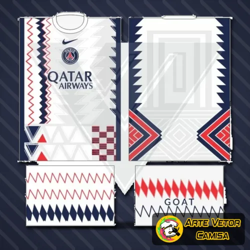 Camisa Paris Saint Germain com logo no peito e estampa grande nas costas, exibindo design moderno e detalhes vibrantes, ideal para torcedores que valorizam estilo e identificação com o time.