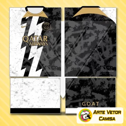 Camisa do Paris Saint Germain PSG com logo no peito e estampa grande nas costas em destaque, apresentando design moderno e detalhes marcantes da equipe.