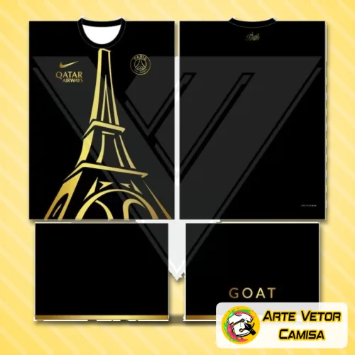Camisa Paris Saint Germain PSG com logo no peito e estampa grande nas costas exibindo design moderno e vibrante, ideal para torcedores que querem destacar sua paixão pelo time.