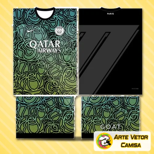 Camisa com logo no peito e estampa grande nas costas representando o Paris Saint Germain PSG, cores vibrantes e design moderno perfeito para fãs do time.