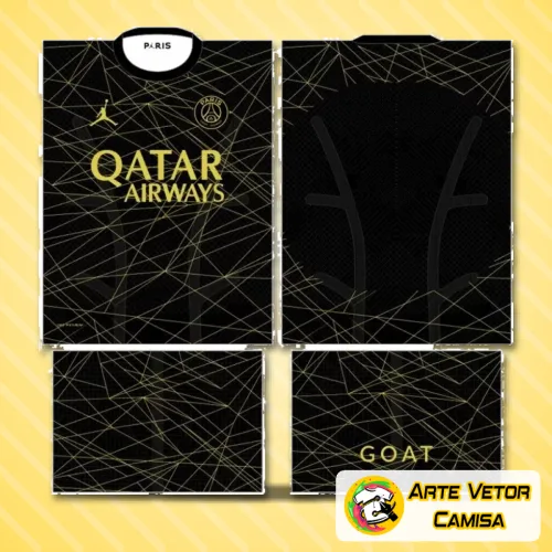 Camisa com logo no peito e estampa grande nas costas do Paris Saint Germain PSG, destacando as cores vibrantes e design moderno em estilo esportivo.