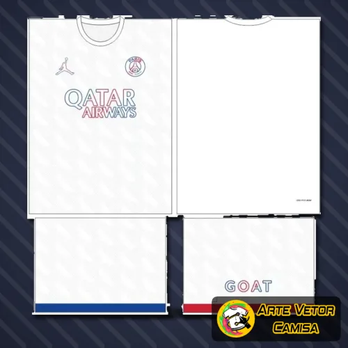 Camisa do Paris Saint Germain com logo no peito e estampa grande nas costas, detalhada em azul e vermelho, realçando o estilo icônico do time.