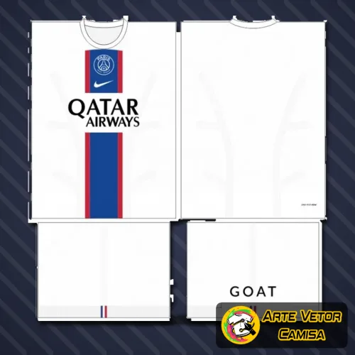 Camisa com logo no peito e estampa grande nas costas vestida por modelo, apresentando design moderno inspirado no Paris Saint Germain PSG, em cores vibrantes e detalhes marcantes.