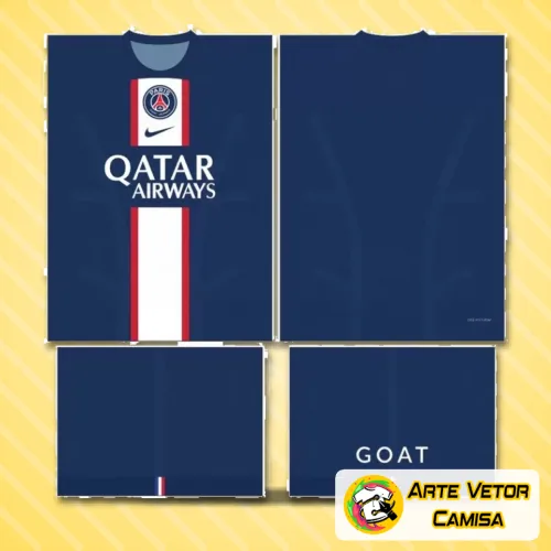 Camisa Paris Saint Germain PSG com logo no peito e estampa grande nas costas em cores vibrantes, destacando estilo e paixão pelo futebol.