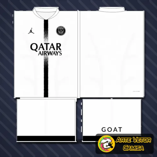 Foto da camisa Paris Saint Germain PSG com logo no peito e estampa grande nas costas, destacando detalhes únicos e design moderno em cores vibrantes.