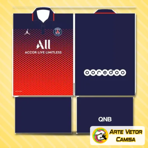 Camisa com logo no peito e estampa grande nas costas exibindo design inspirado no Paris Saint Germain PSG, com cores vibrantes e detalhes aliados ao estilo moderno e autêntico.
