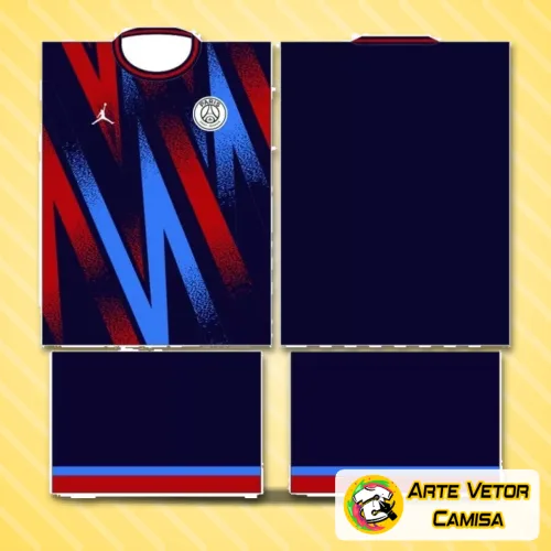 Camisa do Paris Saint Germain com logo no peito e estampa grande nas costas, mostrando detalhes vibrantes e design arrojado em cores oficiais do time.