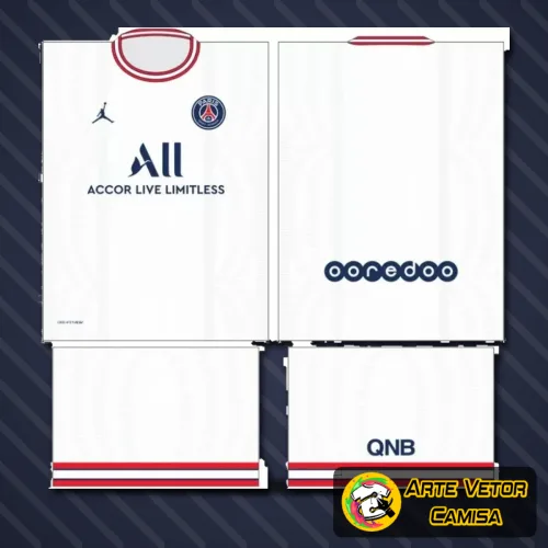 Camisa do Paris Saint Germain com logo no peito e estampa grande nas costas em destaque, mostrando acabamento detalhado e cores vibrantes em tom azul escuro com detalhes em vermelho e branco.