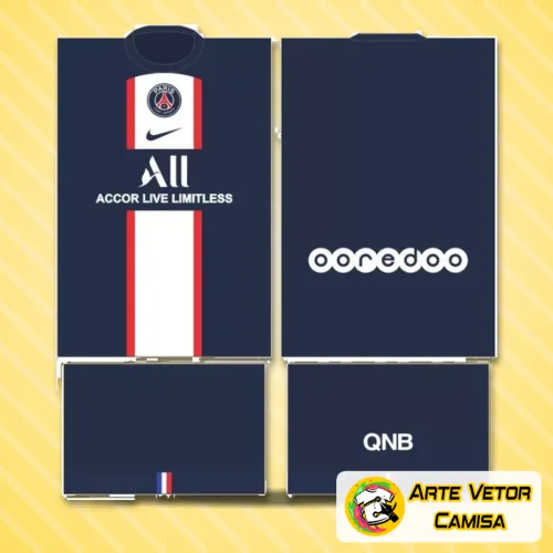 Imagem da camisa com logo no peito e estampa grande nas costas, exibindo o design clássico e moderno do time Paris Saint Germain PSG, destacando a combinação de cores vibrantes e detalhes únicos.