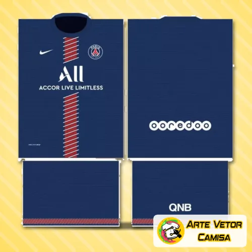 Camisa Paris Saint Germain PSG com logo no peito e estampa grande nas costas, estilo moderno e vibrante, perfeita para fãs do futebol com um visual marcante e autêntico.