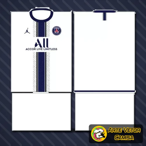 Camisa do Paris Saint Germain com logo no peito e estampa grande nas costas, mostrando design moderno e detalhes marcantes nas cores tradicionais do clube.
