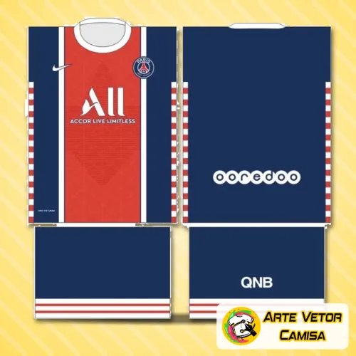 Camisa com logo no peito vibrante e estampa grande nas costas destacando design moderno e detalhes em azul e vermelho do Paris Saint Germain.