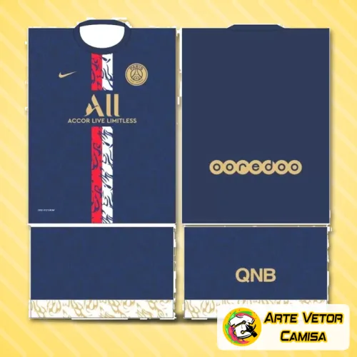 Camisa Paris Saint Germain com logo no peito e estampa grande nas costas em destaque, apresentando design moderno e cores vibrantes que ressaltam a identidade do time.