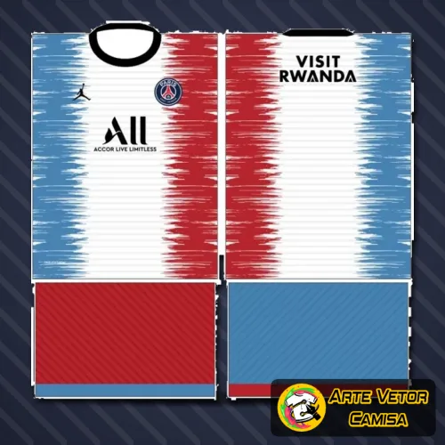 Camisa com logo no peito e estampa grande nas costas, design moderno e vibrante inspirado no Paris Saint Germain PSG, ideal para colecionadores e fãs do futebol francês buscando estilo e autenticidade