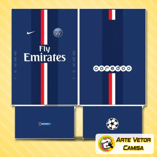 Camisa de futebol com logo no peito e estampa grande nas costas, nas cores tradicionais do Paris Saint Germain PSG, com design moderno e detalhes que destacam o estilo do clube.