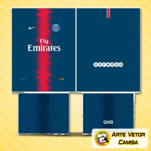 Camisa Paris Saint Germain com logo no peito e estampa grande nas costas, mostrando estilo único e vibrante nos detalhes da camisa PSG em cores vibrantes e acabamento impecável.