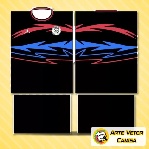 Camisa com logo no peito e estampa grande nas costas, com design moderno e cores vibrantes que representam o Paris Saint Germain PSG com estilo único e marcante.