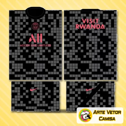 Camisa PSG com logo no peito e estampa grande nas costas, mostrando design vibrante e moderno com detalhes em azul e vermelho representando o estilo inconfundível do Paris Saint Germain