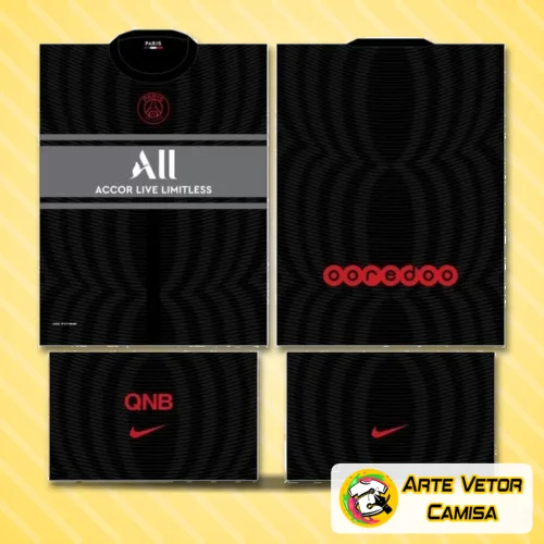 Camisa Paris Saint Germain PSG com logo no peito destacado e estampa grande nas costas mostrando design moderno e elegante, ideal para os fãs do time com um visual autêntico e marcante.