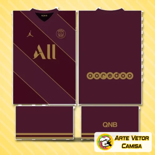 Camiseta com logo no peito e estampa grande nas costas destacando as cores e símbolos do Paris Saint Germain PSG