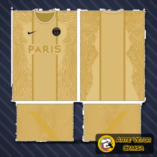 Camisa do Paris Saint Germain com logo no peito e estampa grande nas costas, destacando as cores e o design moderno do time francês em alta qualidade.