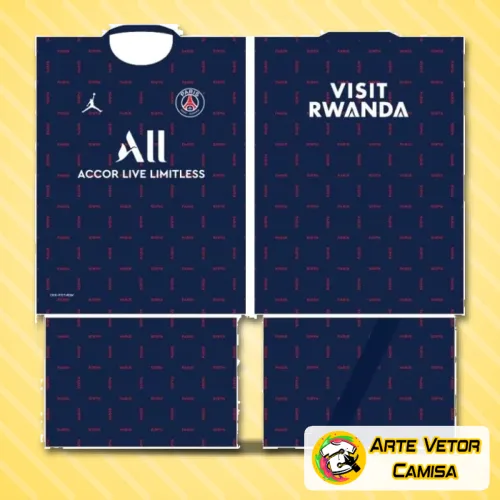 Camiseta do Paris Saint Germain com logo no peito e estampa grande nas costas destacando cores vibrantes do time