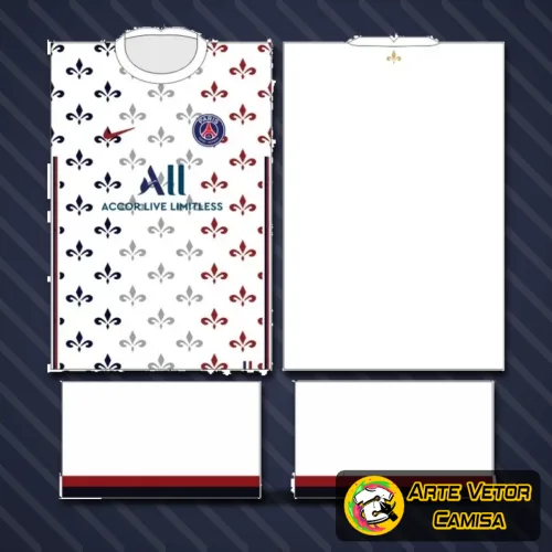 Camisa com logo no peito do Paris Saint Germain PSG e estampa grande nas costas em design moderno e vibrante, destacando cores vibrantes e detalhes refinados que transmitem paixão pelo futebol.