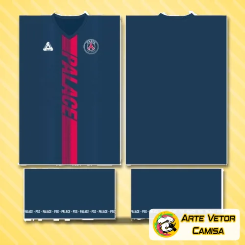 Camisa Paris Saint Germain PSG com logo no peito e estampa grande nas costas, destaque para design moderno e vibrante que evidencia o espírito do time.