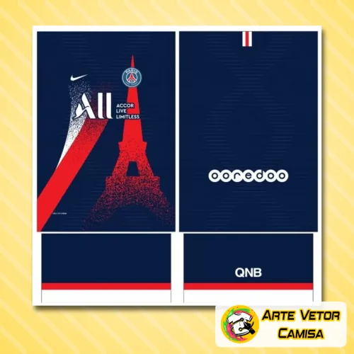 Camisa Paris Saint Germain com logo no peito e estampa grande nas costas exibindo detalhes vibrantes e cores marcantes que destacam a identidade do time com estilo moderno e acabamento impecável.