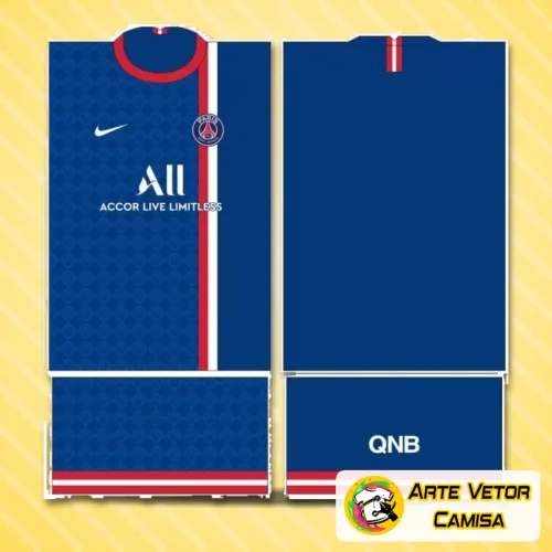 Camisa com logo no peito do Paris Saint Germain e estampa grande nas costas mostrando detalhes do modelo 67 em cores vibrantes e design moderno e atraente.