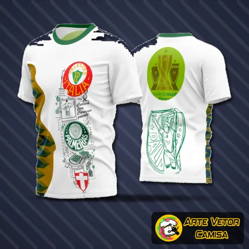 Camisa de futebol amador com logo no peito e estampa grande nas costas, combinando cores vibrantes e design moderno, perfeita para jogos e treinos.