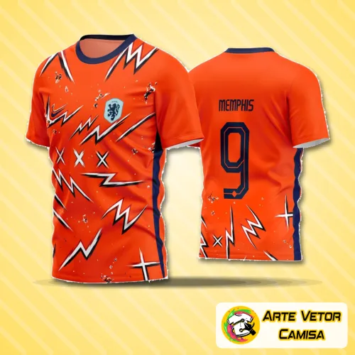 Camisa de futebol amador com logo no peito e estampa grande nas costas, destaque para design moderno e cores vibrantes em uma camiseta ideal para jogos e treinamentos.