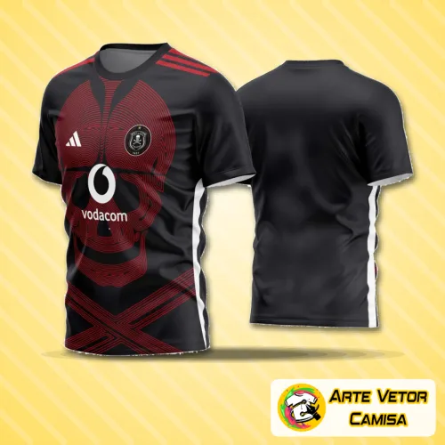 Camisa de futebol amador com logo no peito elegante e estampa grande nas costas vibrante e cheia de detalhes, perfeito para quem quer um visual esportivo autêntico e moderno