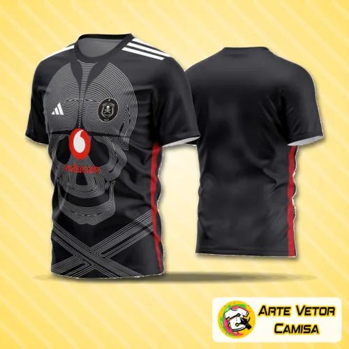 Camisa esportiva com logo no peito destacado e grande estampa nas costas em design moderno e atraente, ideal para times amadores que buscam estilo e personalidade na sua identidade visual