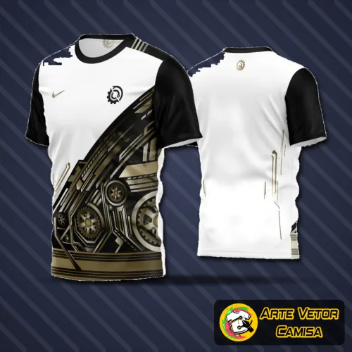 Camisa de futebol amador moderna com logo no peito discreto e estampa grande nas costas vibrante, apresentando design arrojado e acabamento elegante para partidas e treinamentos.