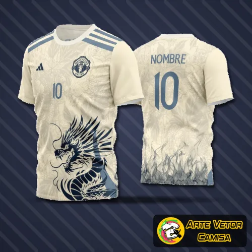 Camisa de futebol amador com logo no peito e estampa grande nas costas, exibindo cores vibrantes e design moderno que valoriza o estilo do time em campo.