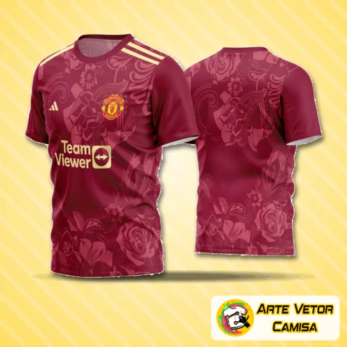 Camisa de futebol com logo no peito destacado e grande estampa nas costas, mostrando design moderno e cores vibrantes para torcer com estilo.