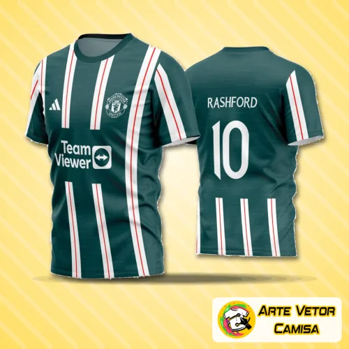 Camisa de futebol amador com logo no peito e estampa grande nas costas, exibindo design moderno e cores vibrantes para destaque em campo.