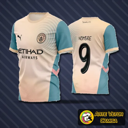 Camisa estilizada de time de futebol amador com logo no peito e estampa grande nas costas, destacando cores vibrantes e design moderno perfeito para quem busca visual exclusivo em campo.