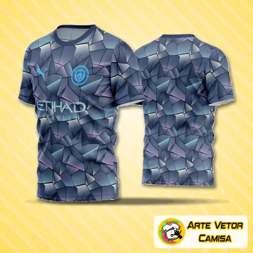 Camisa de futebol amador com logo no peito e estampa grande nas costas, design moderno e cores vibrantes que destacam o estilo único do time em campo.