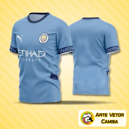 Camisa de time de futebol com logo no peito e estampa grande nas costas, destacando um design moderno e arrojado, ideal para partidas amadoras e eventos esportivos.