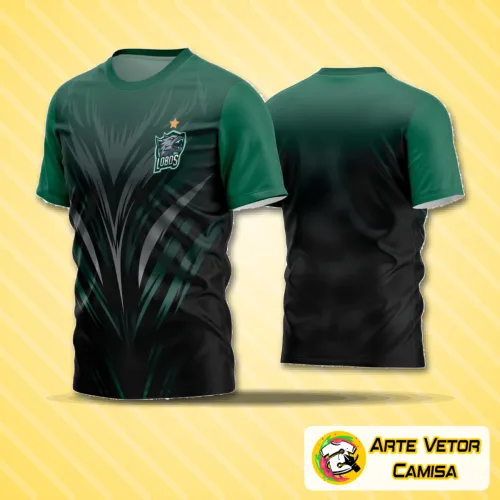 Camisa de futebol com logo no peito e estampa grande nas costas, design moderno com cores vibrantes, ideal para times amadores que buscam estilo e identidade visual marcantes em campo.