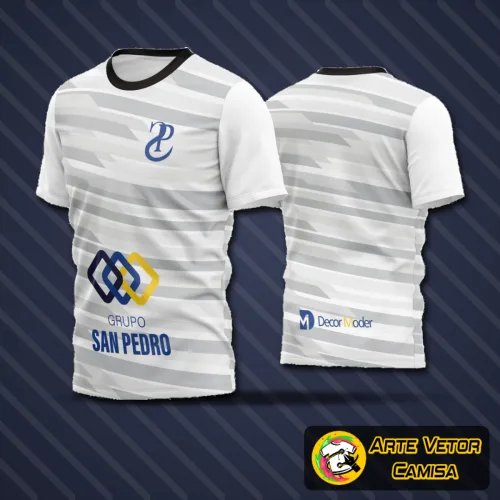 Camisa de futebol estilizada com logo no peito e estampa grande nas costas, destacando design moderno e cores vibrantes que trazem identidade visual única ao time amador, perfeita para jogo e treino.